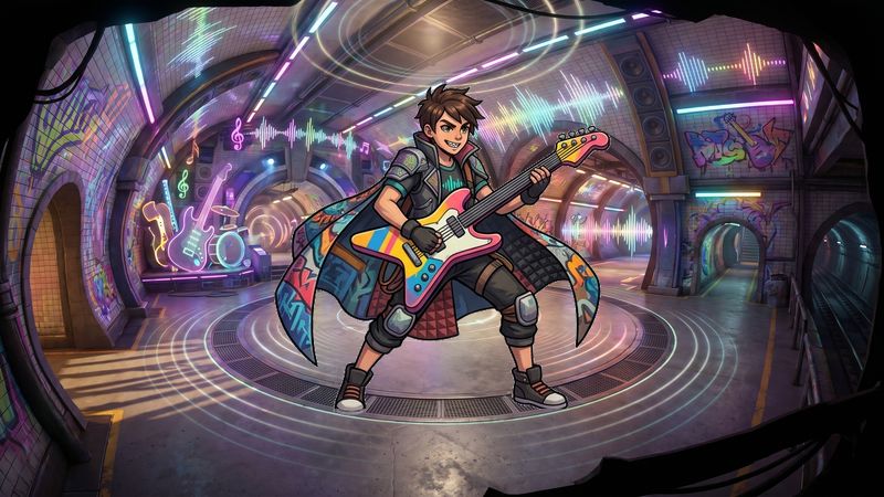 Vibrant subway platform arena with musical riff-strikes Battle Arena