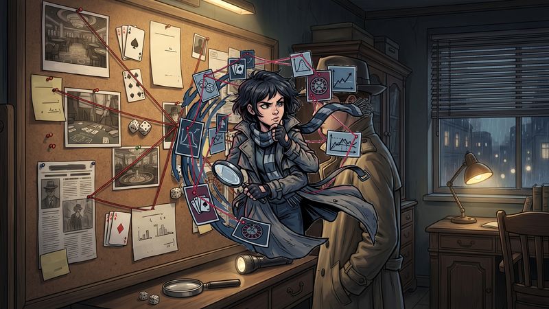 Noir crime board with evidence cards and red string Jewel Blitz