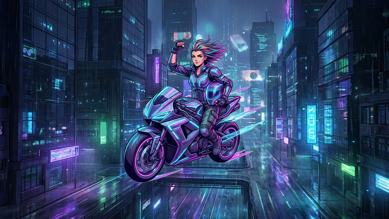 Neon rain-slick streets with glowing cyberpunk alleyways Hover Rush