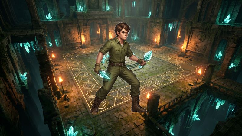 Glowing crystal ancient temple with torchlight pulses Survivor Storm