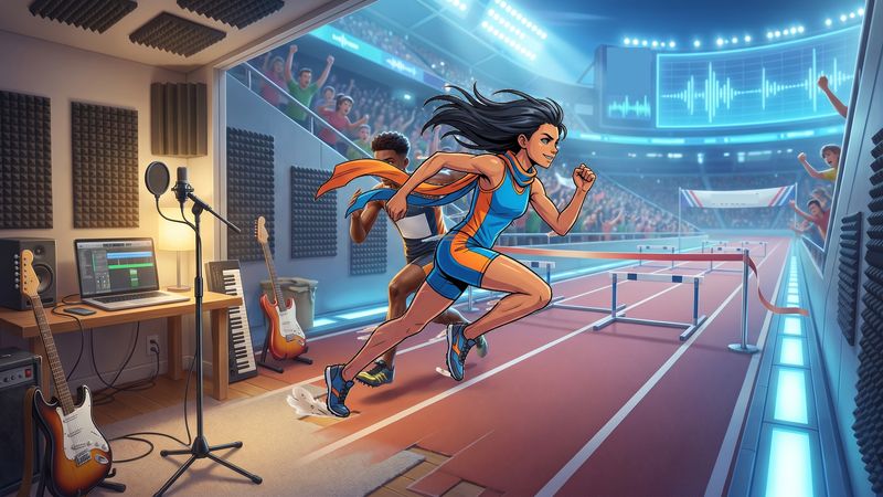 Vibrant stadium corridors with hurdles and finish-line tape Turbo Dash