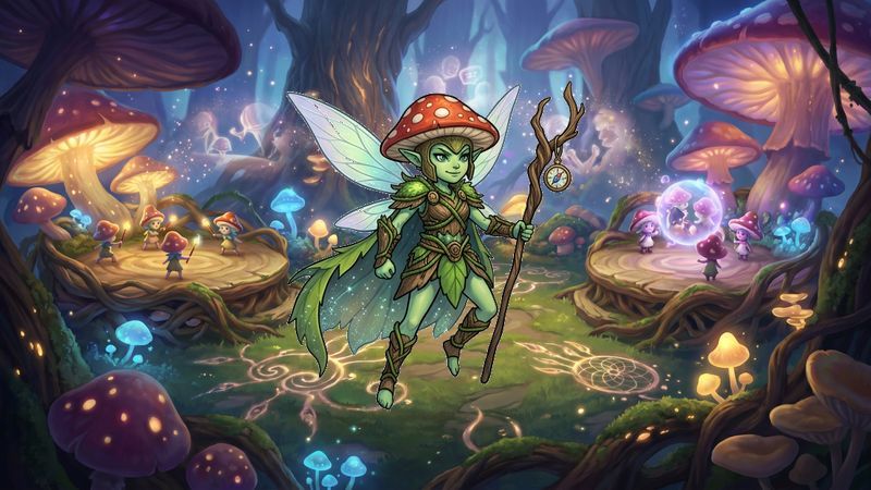 Whimsical toadstool-grove arena with magical pixie-dust atmosphere Battle Arena