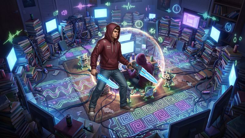 Glowing dorm streaming-station battling midterm-deadline gremlins Survivor Storm