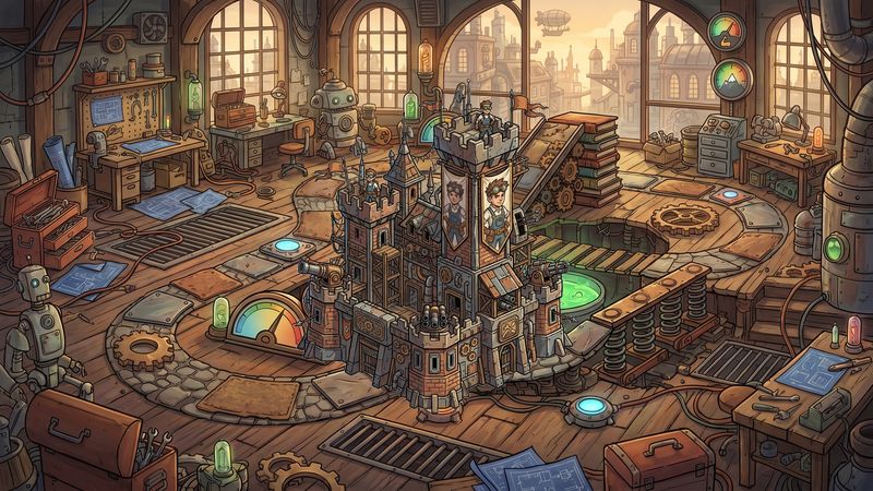 Cluttered industrial maker-space loft defending stolen blueprints Tower Defense