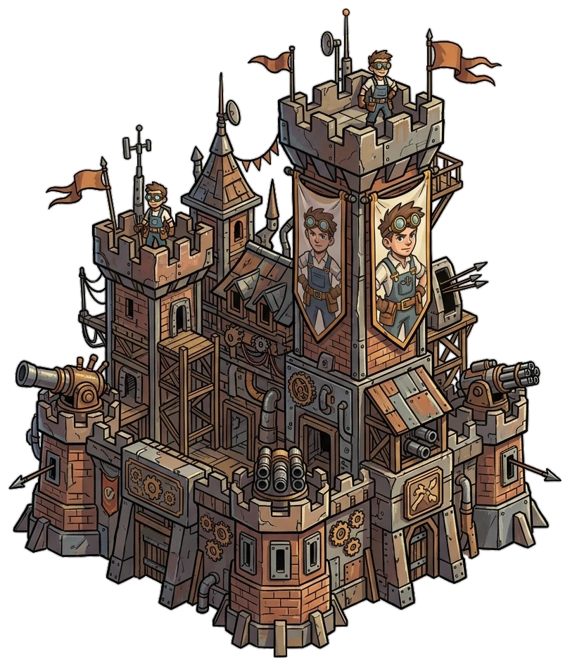 Cluttered industrial maker-space loft defending stolen blueprints Tower Defense