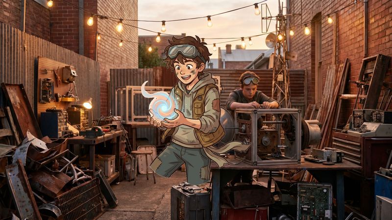 Gritty alleyway maker-space with rusty scrap Merge Magic