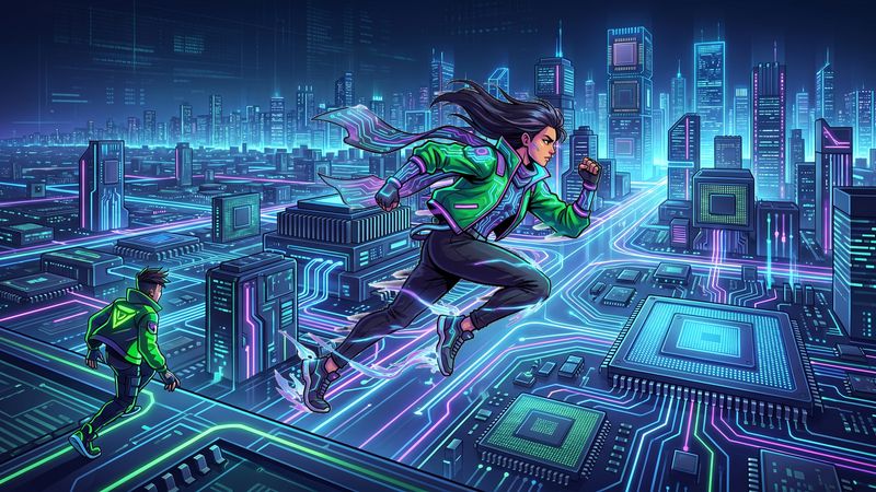 Futuristic cyberpunk city with glowing skyscrapers and neon Turbo Dash