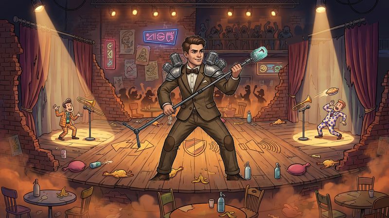 Chaotic open-mic arena with cartoon slapstick comedy Battle Arena