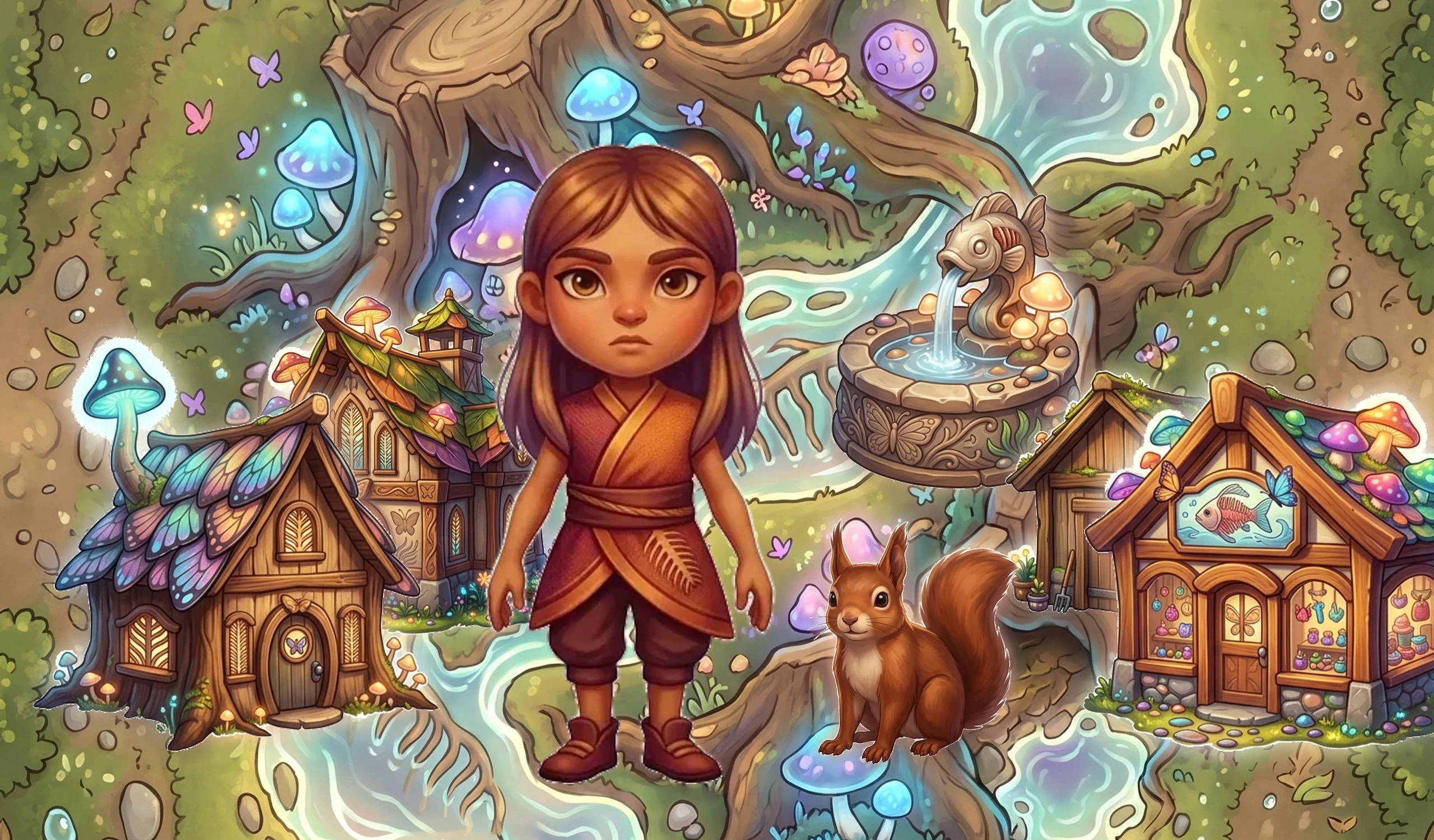 Enchanted giant tree-stump village with glowing mushroom houses Dream Village