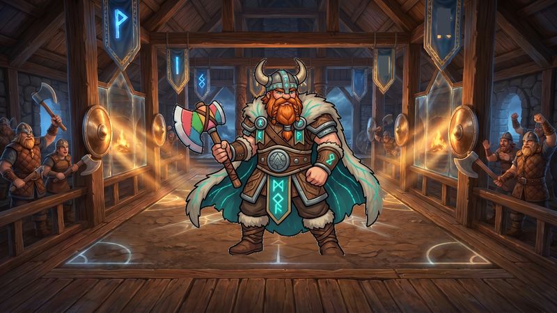 Viking longhouse arena decorated with glowing rune banners Battle Arena