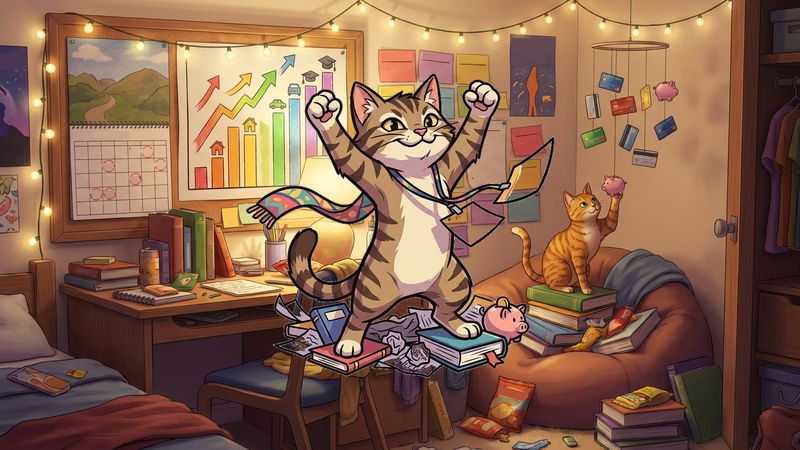 Cluttered freshman dorm room with colorful schedule cards Jewel Blitz