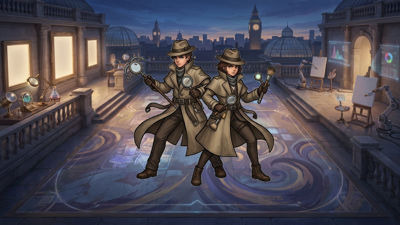 Hushed gallery rooftop with detective gadget combat Battle Arena