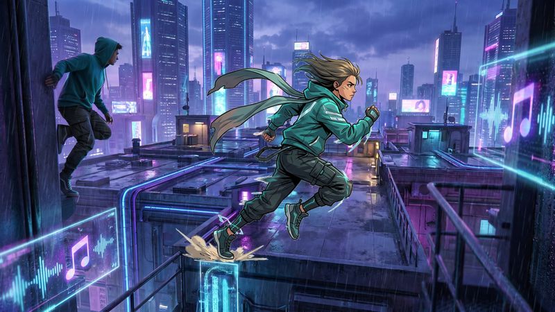 Rain-slick cyberpunk rooftops with neon billboards Turbo Dash