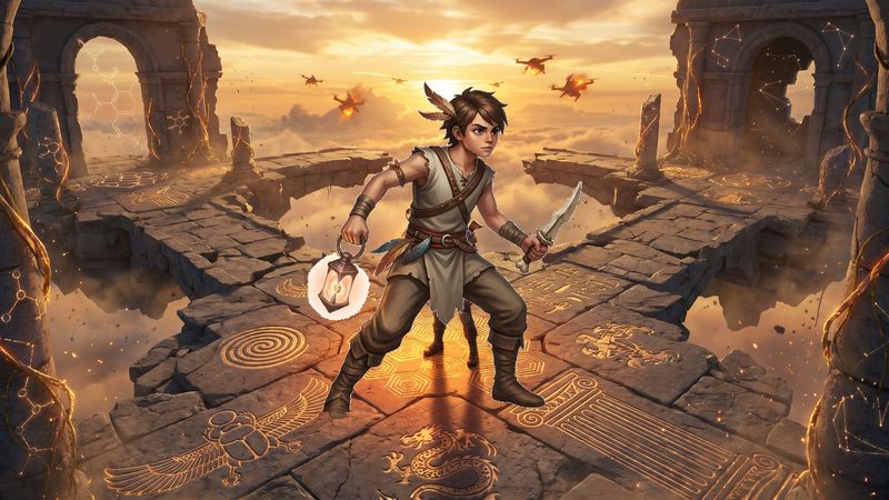 Crumbling sky-fortress at sunset against firebird drones Survivor Storm