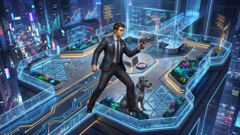 Glowing skyscraper penthouse midnight market-data pulse defense Survivor Storm