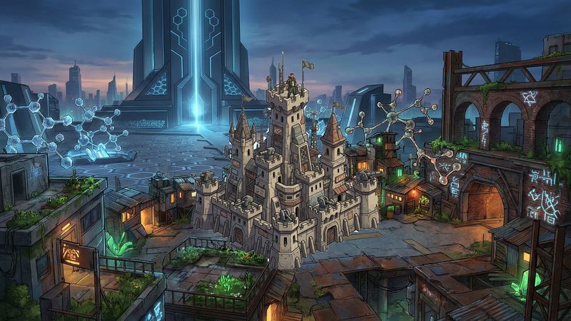 Dystopian corporate monopoly in a futuristic cityscape Tower Defense