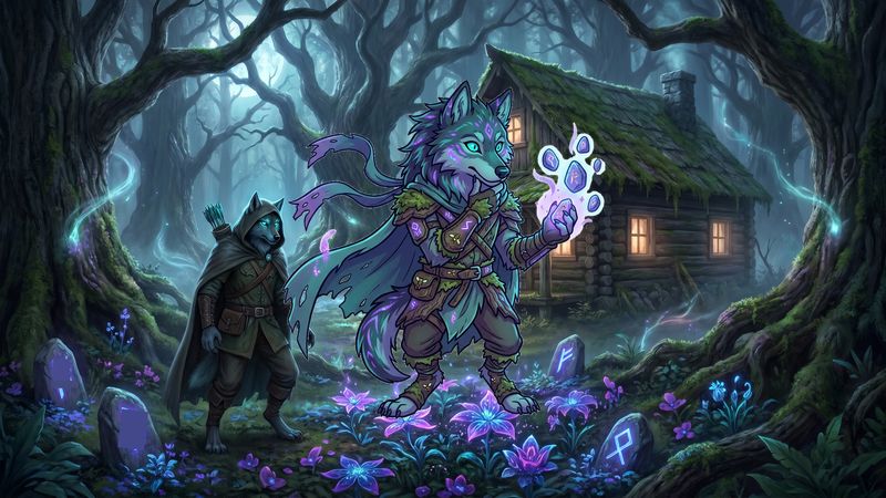 Haunted forest cabin with glowing ultraviolet rune stones Jewel Blitz