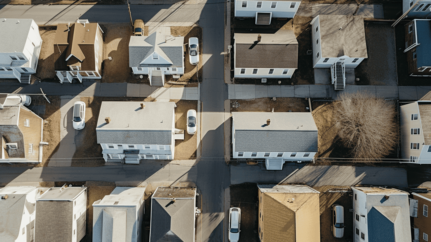 A suburban neighborhood filled with condexes and single family homes.