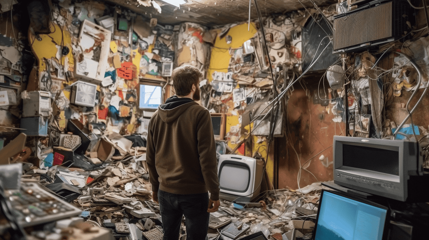 A real estate investor walking into a messy room with items left from the previous owner.