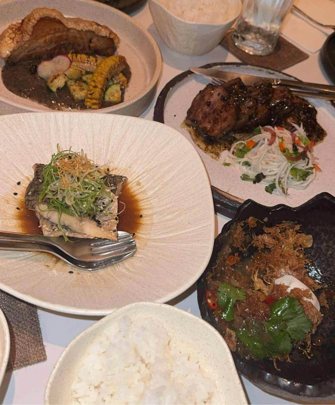 pork belly, beef belly, sea bass, eggs on eggs