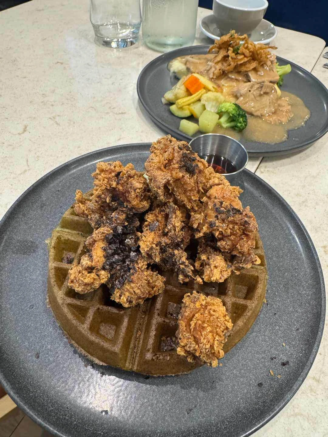 chicken and waffle, pork