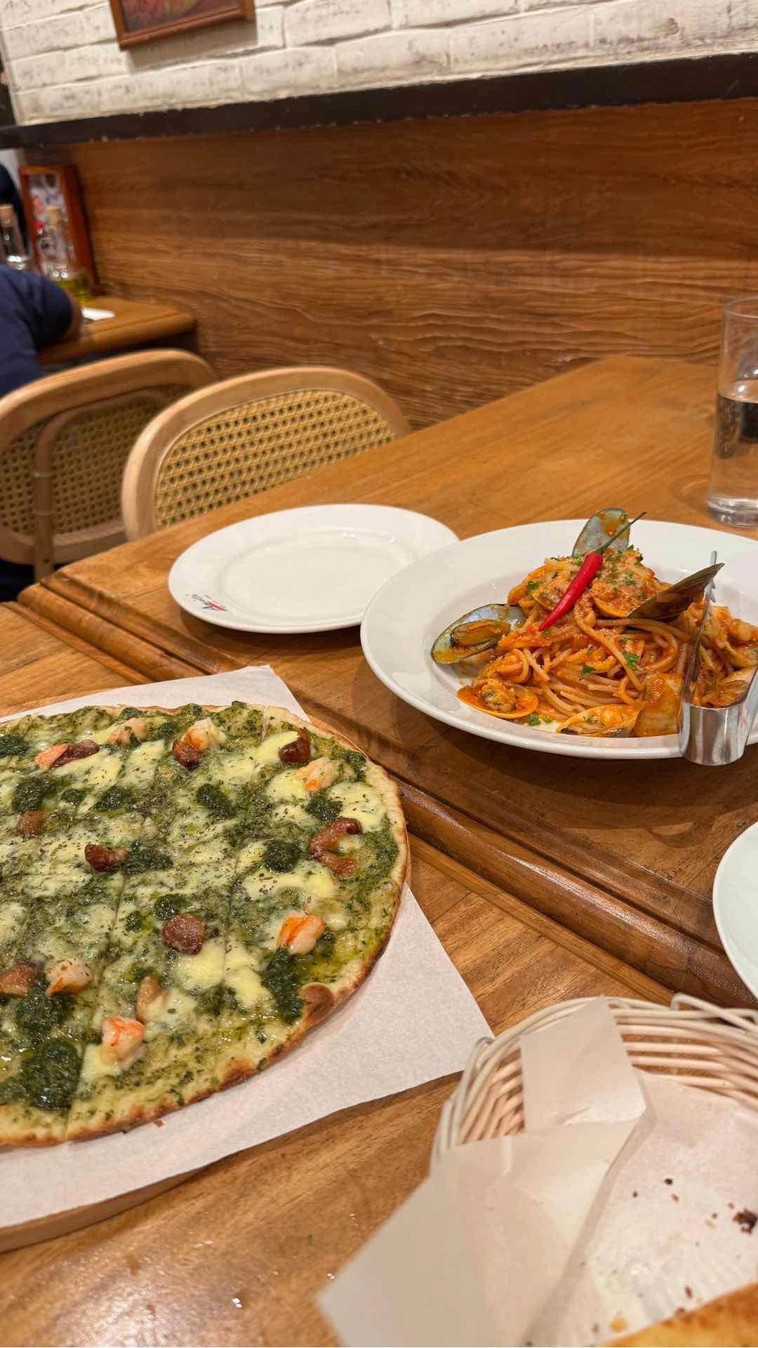Pesto flatbread and seafood marinara