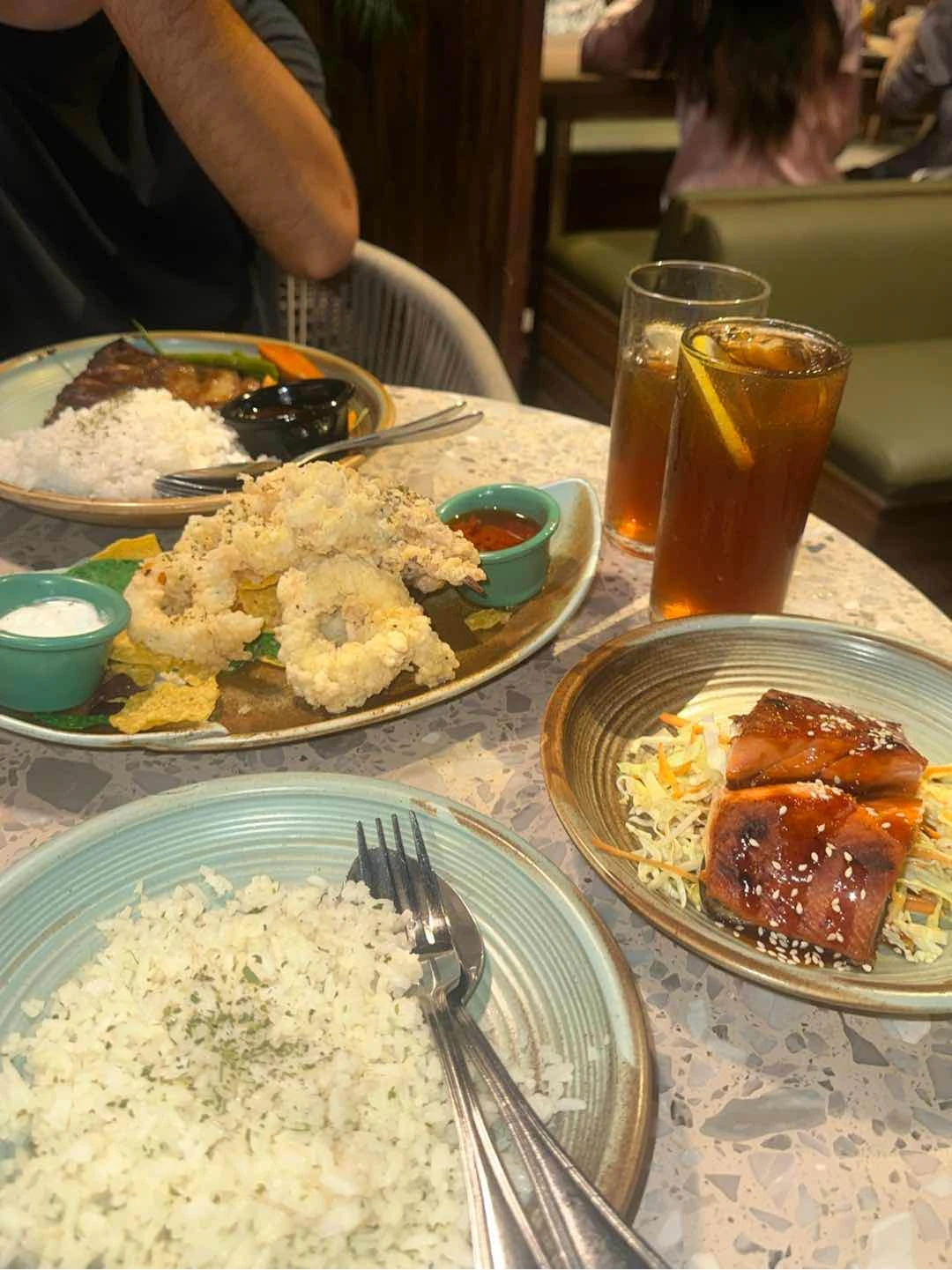 salmon teriyaki, baby back ribs, calamari fritto