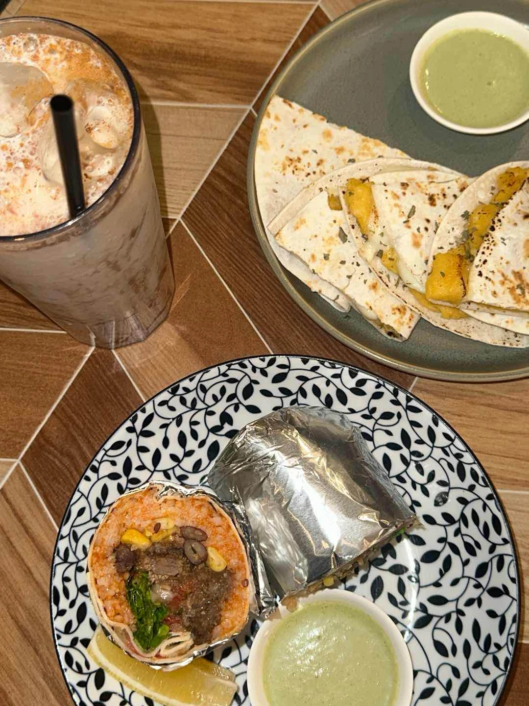 beef burrito, cheese quesadilla