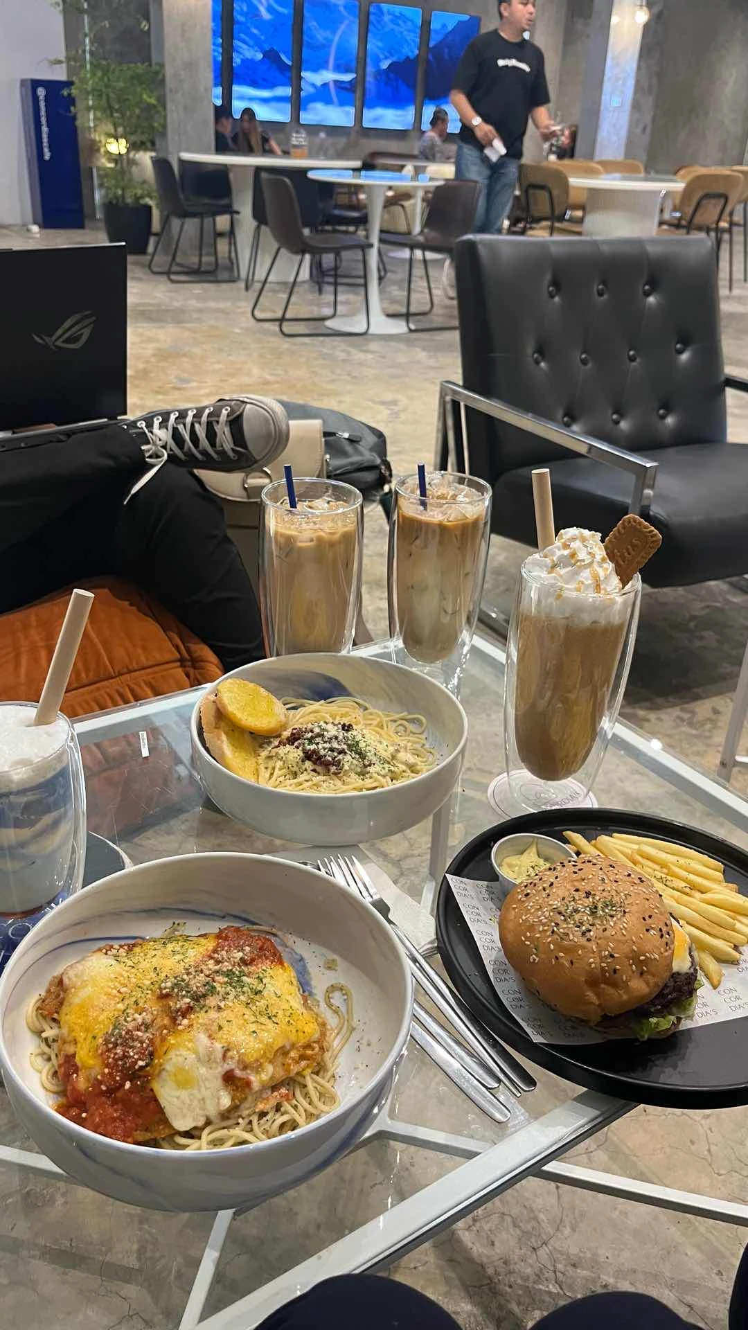 Chicken parmigiana, lotus frappe