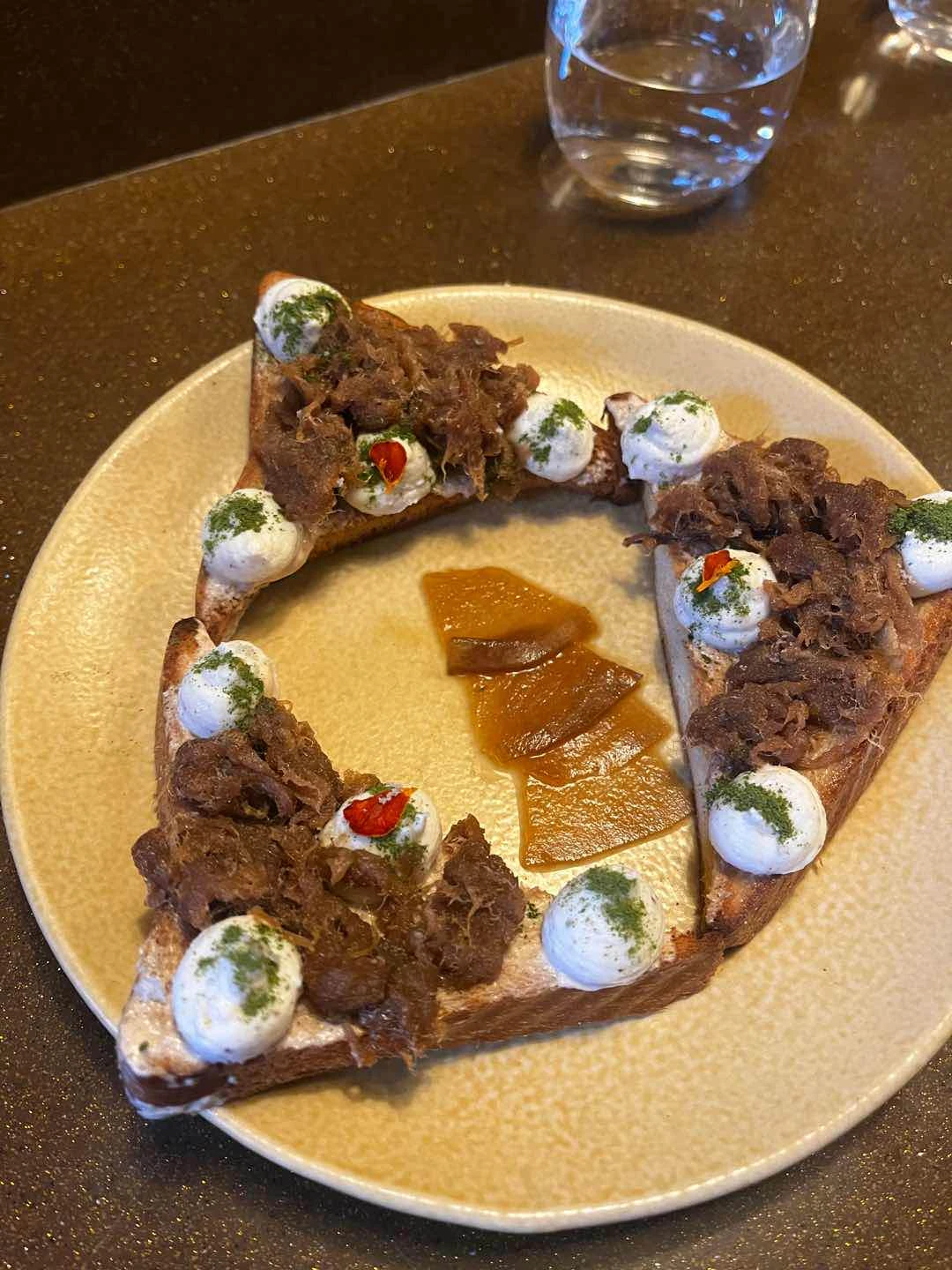 tocino toast + kesong puti + pickled papaya of Bombvinos Bodega