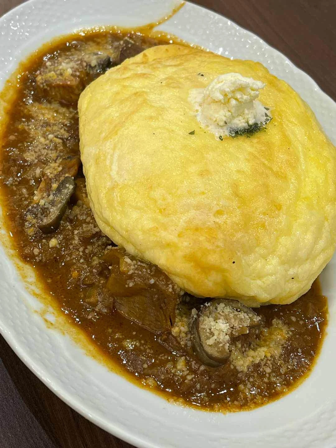 souffle egg, beef curry 
