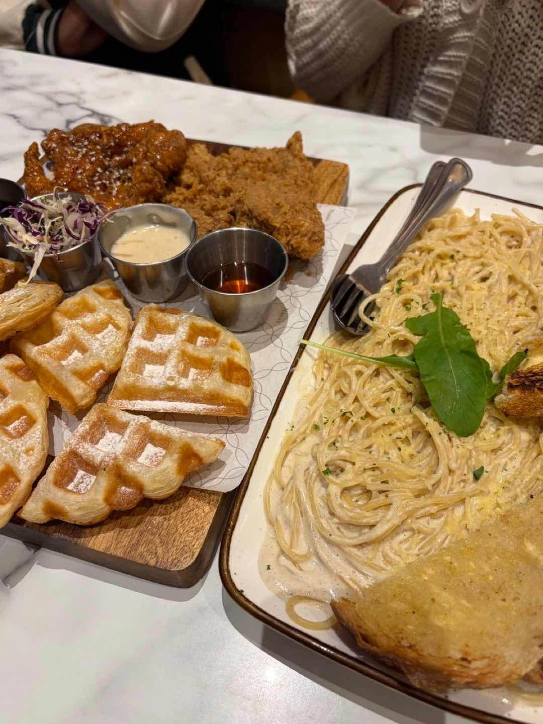 truffle pasta and chicken & waffles