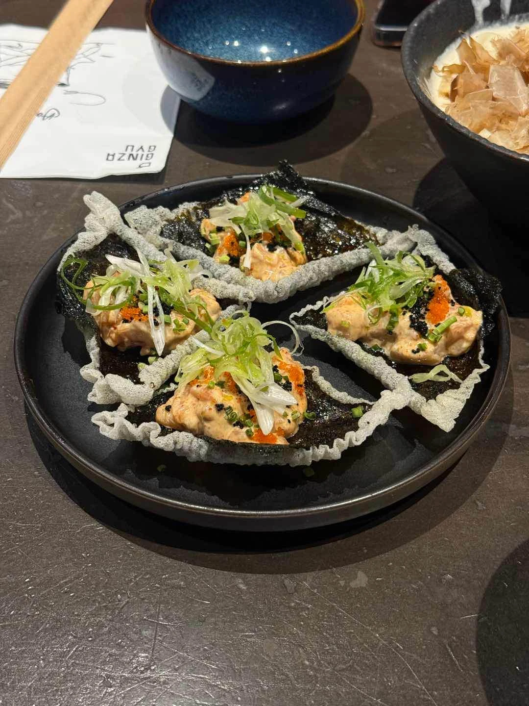 Salmon on fried nori (or smthng like that) of Ginza Gyu Makati