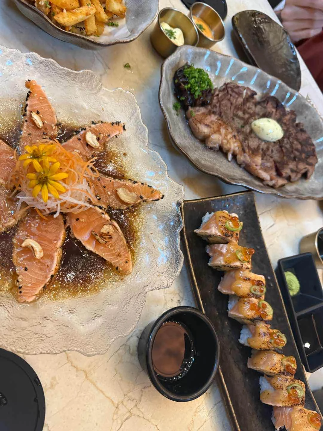 Salmon Tataki, Ribeye Steak, Incanta Roll, Truffle Fries