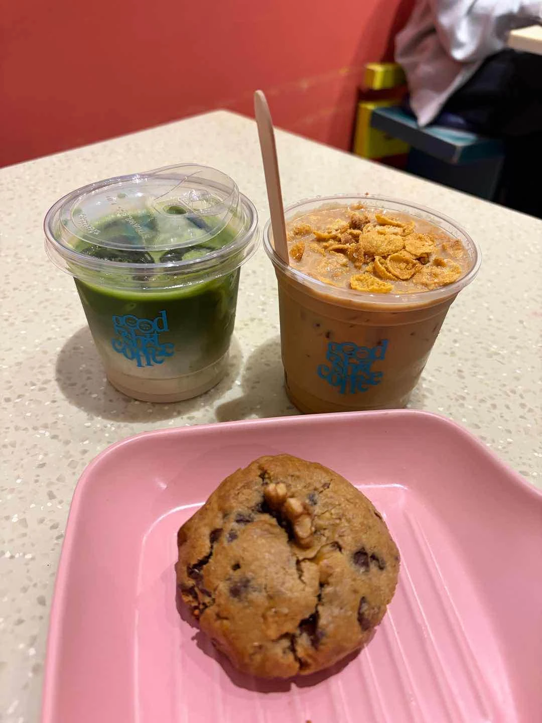 matcha latte w oat, cereal milk latte, and jericookie rosales