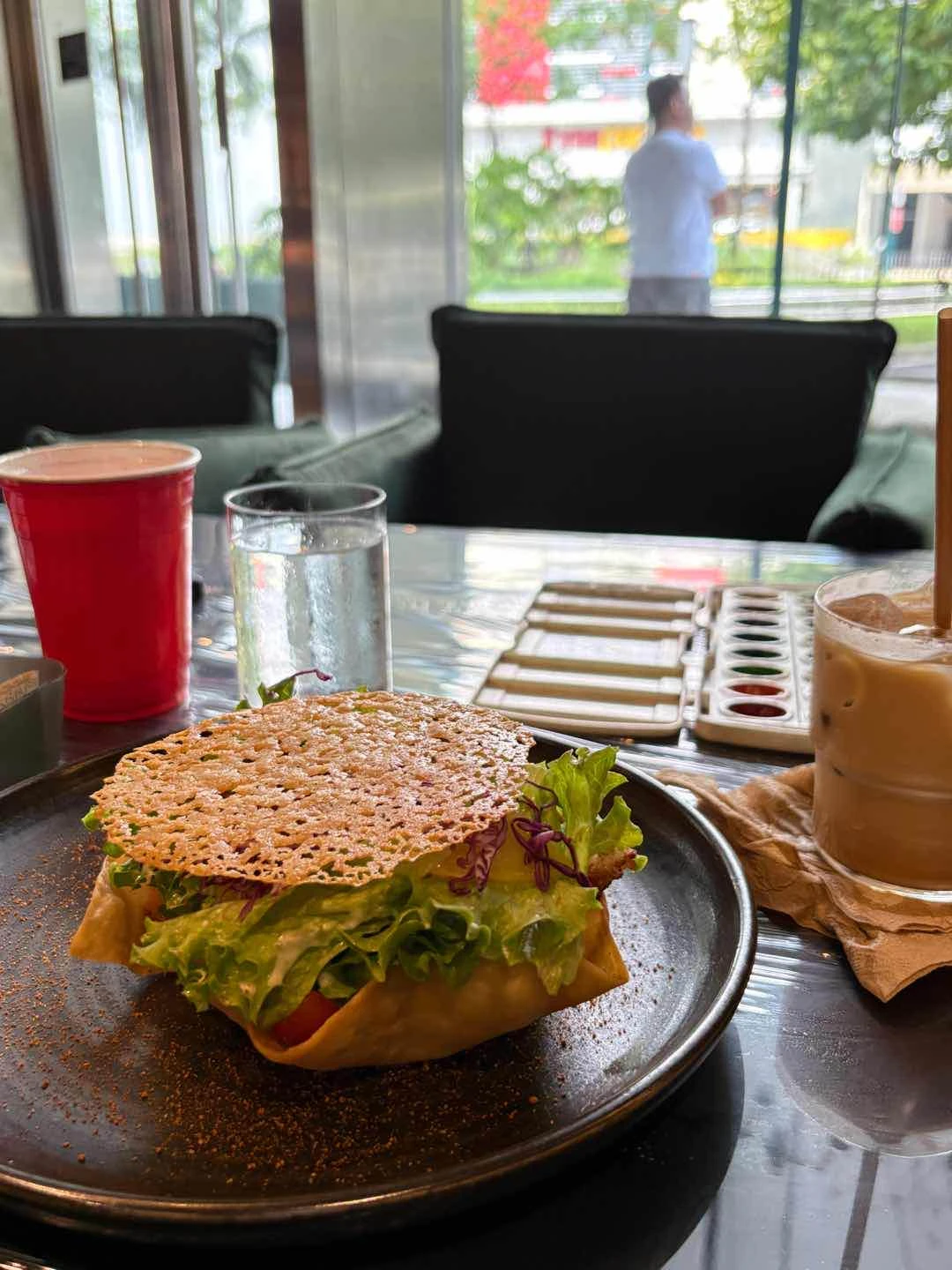 Crispy chicken salad and spanish latte