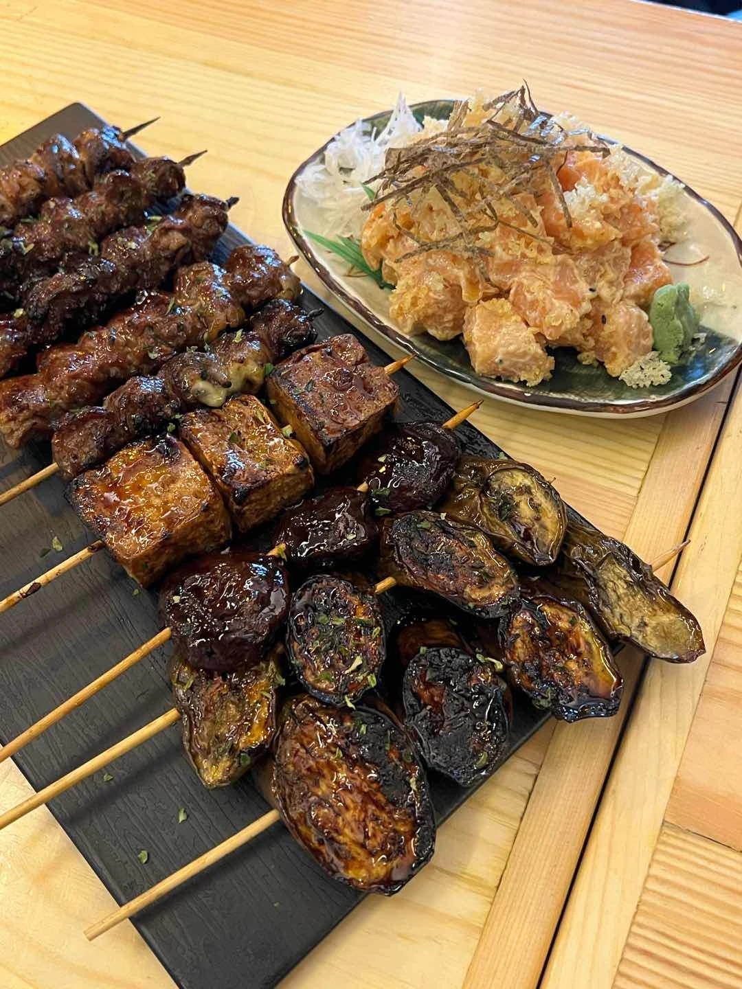 kushiyaki & spicy salmon of Tori Tori Kushiyaki Snack Bar