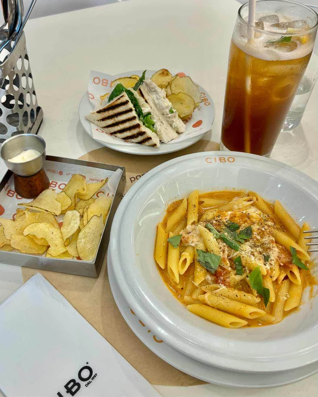 Penne Al Telefono, Pollo Tramezzini, Patatine Frite, with Cibo Iced Tea