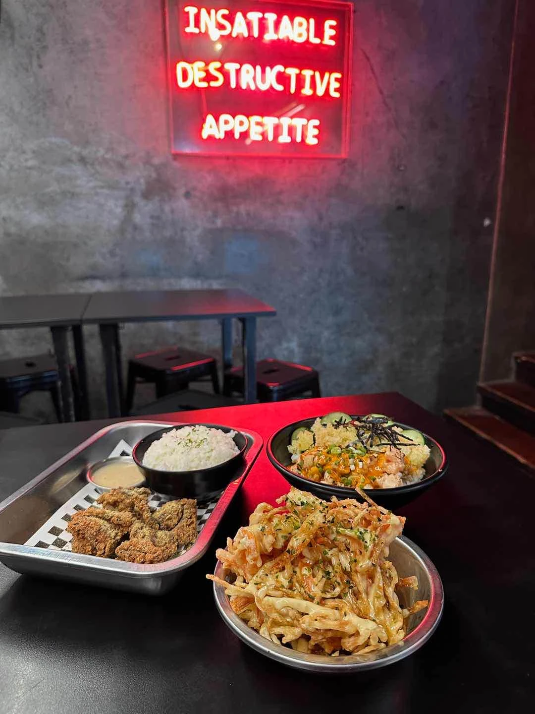 Kani Fries, Torched Salmon and Karaage 