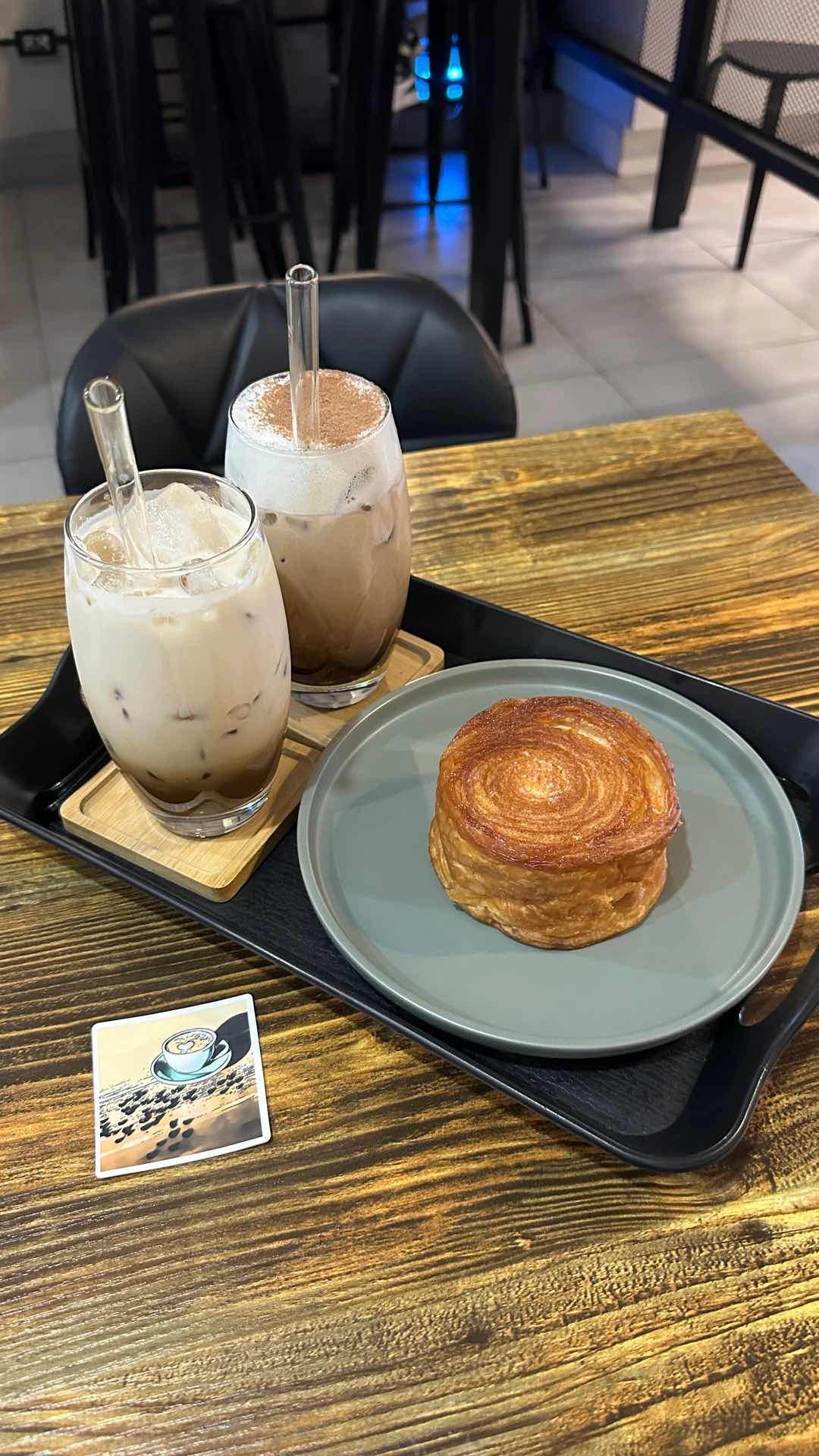 Peppermint mocha, spanish latte, kouign amann