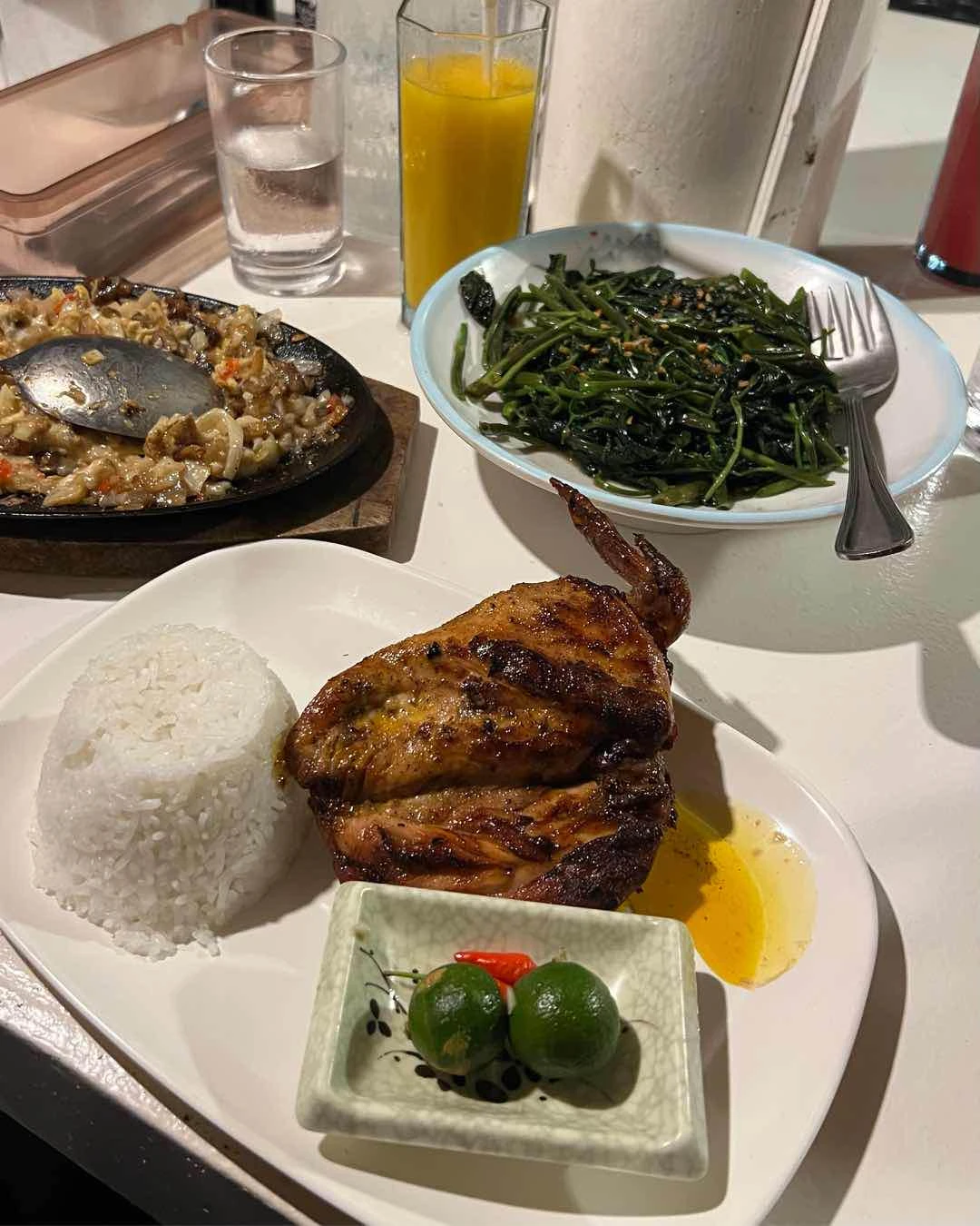 Chicken Inasal, Pork Sisig, Stir fried Kangkong, and Mango Shake