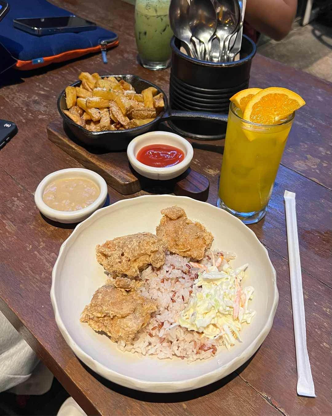 Buttermilk Chicken Rice Bowl, Truffle Fries, and Orange Juice