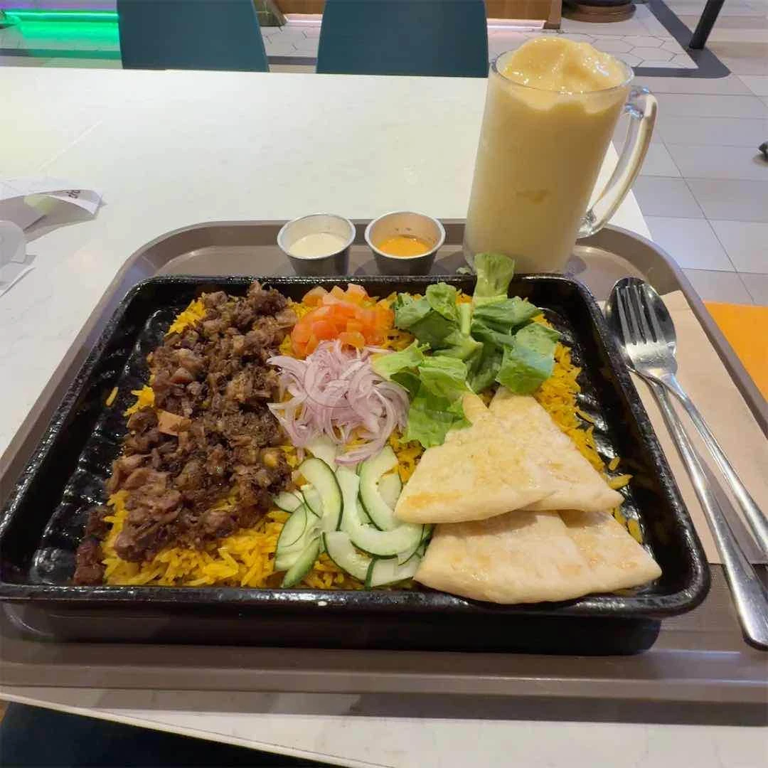 Beef Shawarma with rice and Mango Lassi of OK, Bob