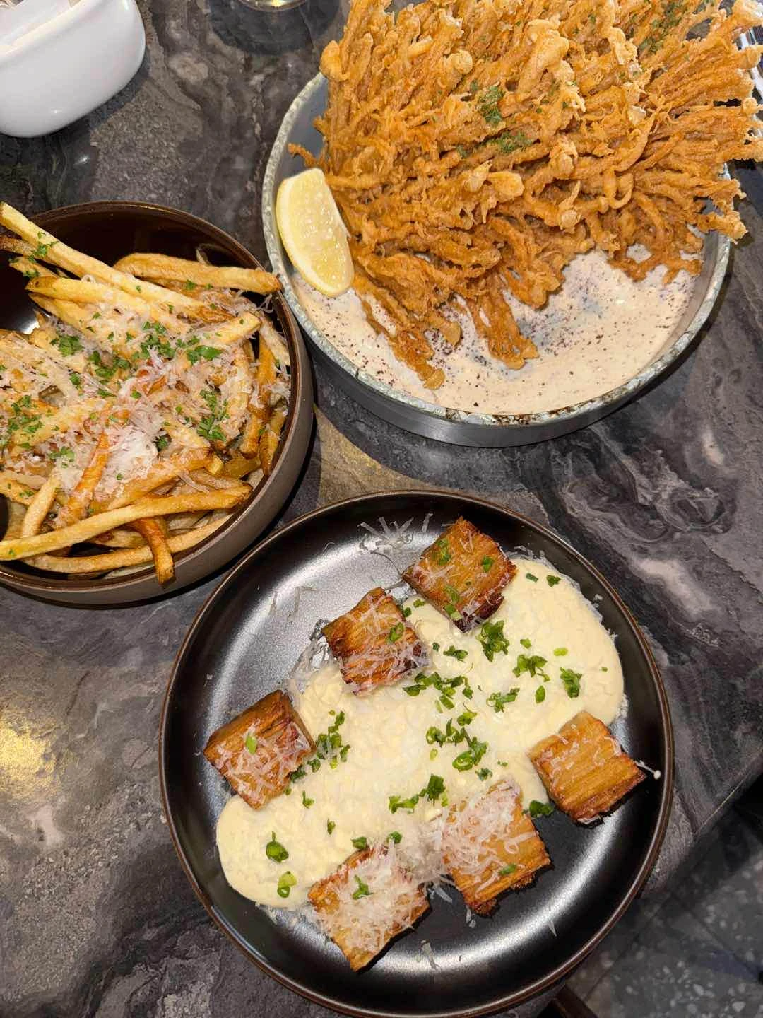potato pave, enoki, truffle fries of Burnt Bean