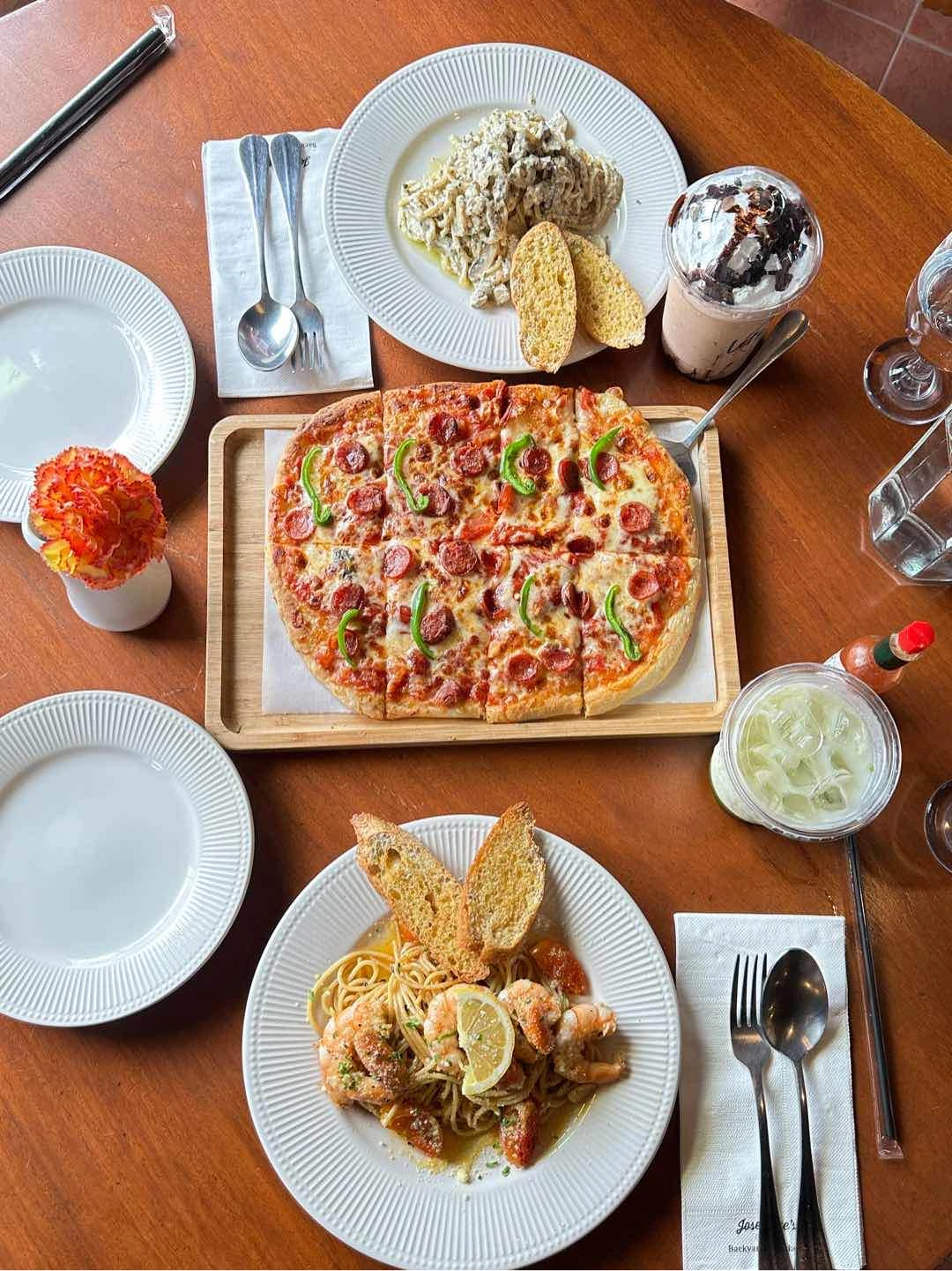 truffle pasta, chorizo de bilbao pizza, scarlet's shrimp scampi