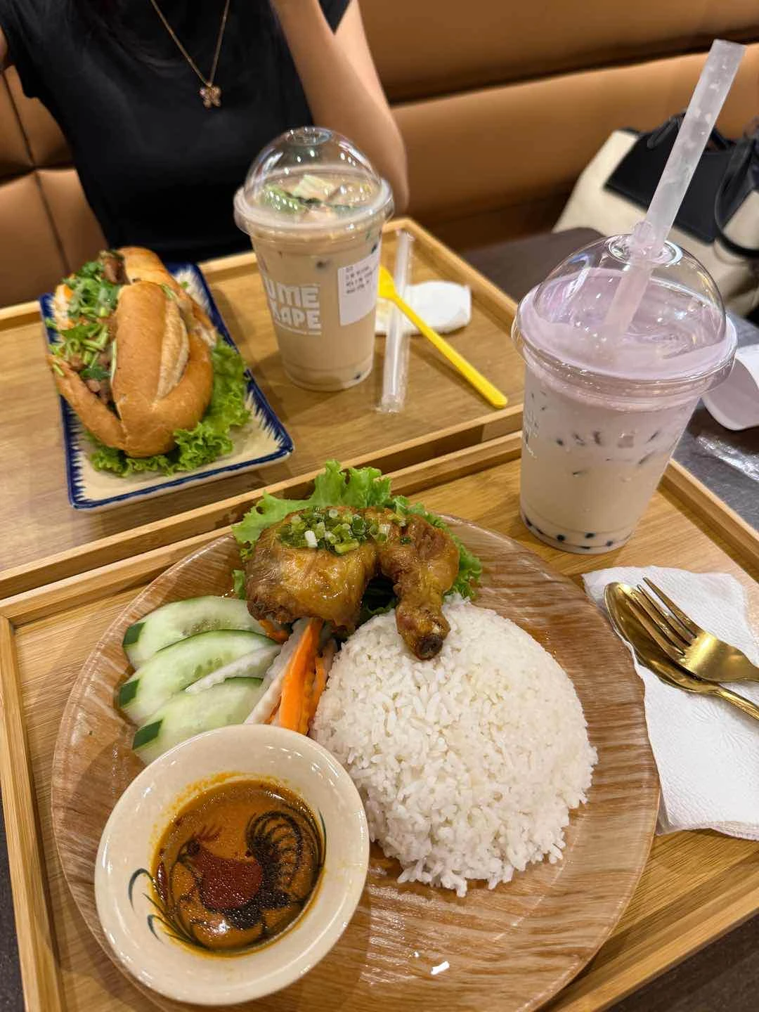 Chicken rice, taro milktea