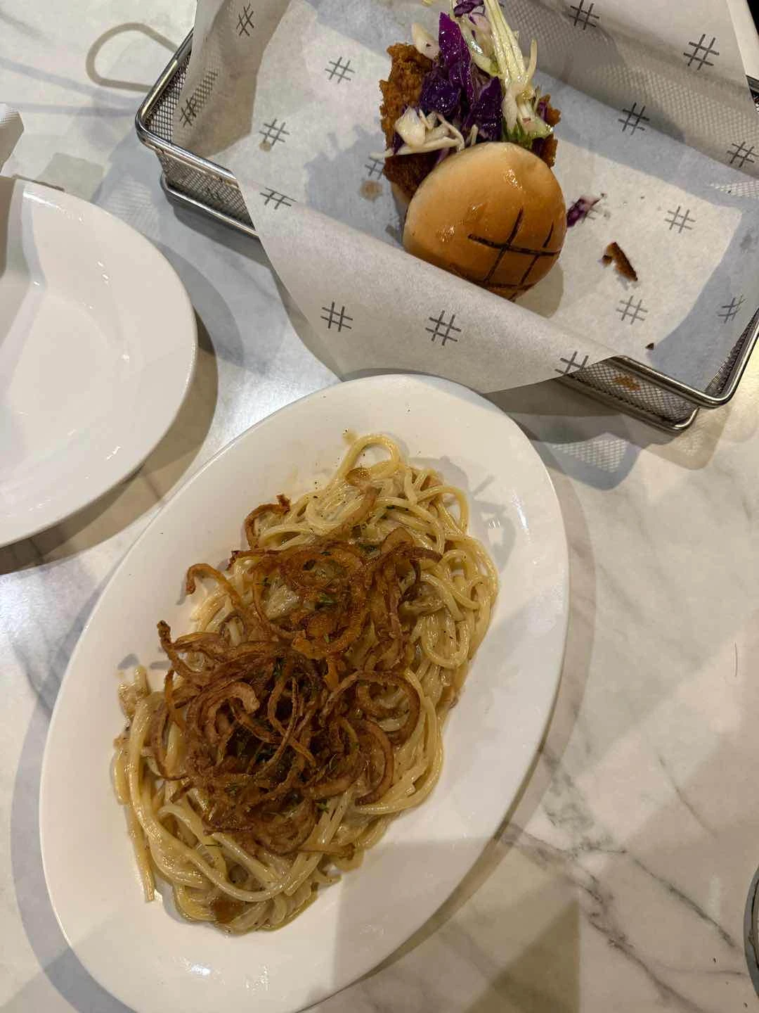 spicy caramelized onion pasta and nashville spicy chicken slider