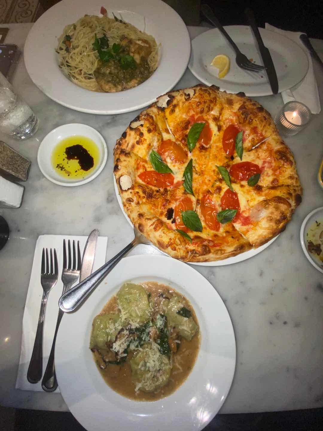 Most of their dishes were too salty—the bacon and spinach ravioli and the chicken piccata. 