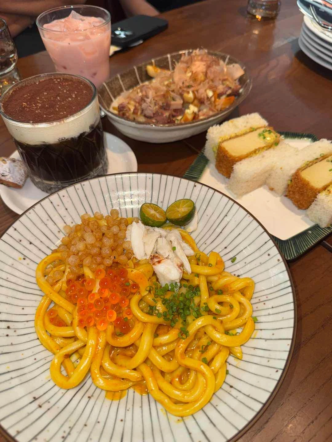 crab udon, egg katsu sando, okonomiyaki fries