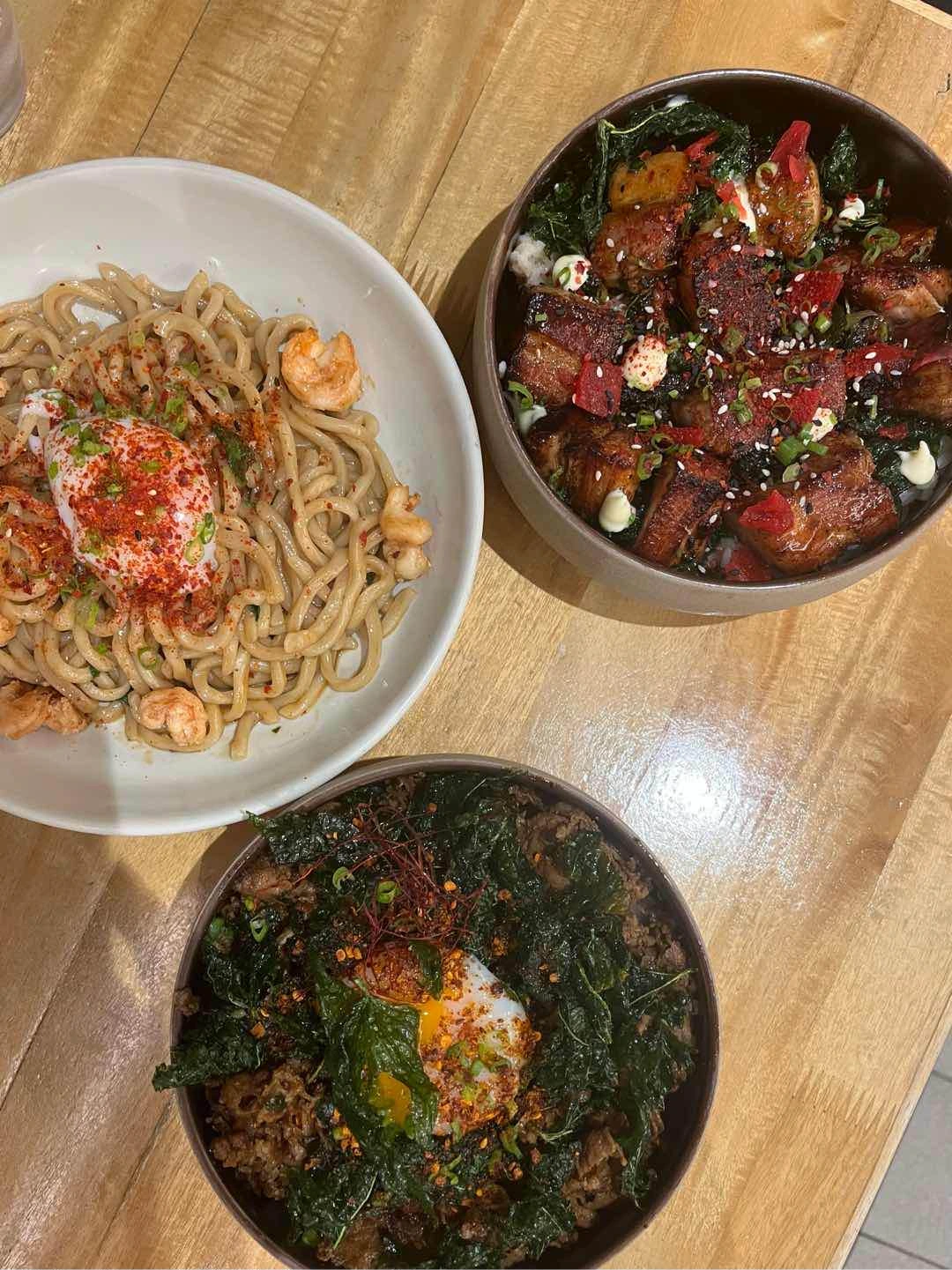 chickendon, chilimansi noodles, & beef gyudon